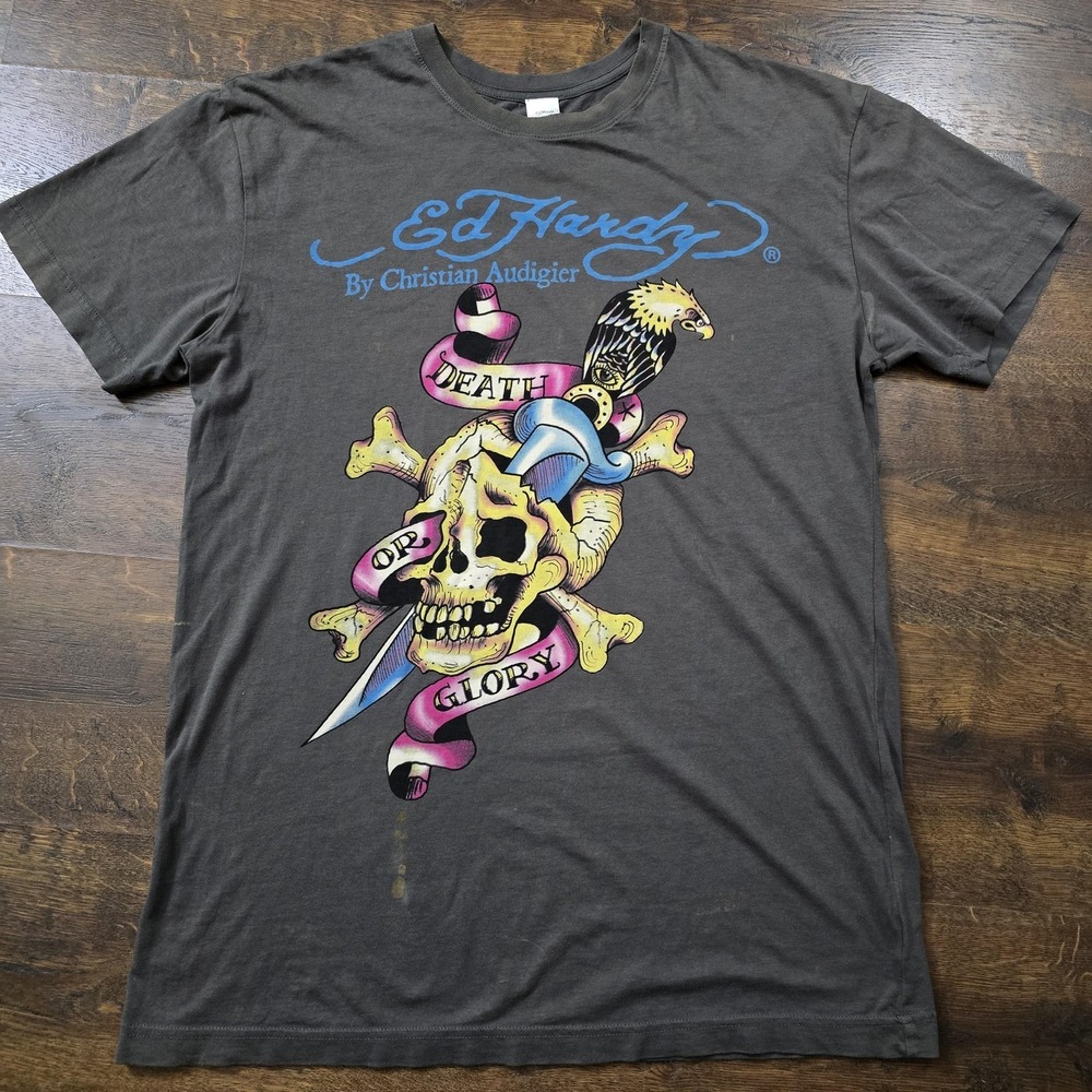 Ed Hardy Shirt Mens Large‎ Gray Death Or Glory Skull Tattoo Graphic Tee T-Shirt